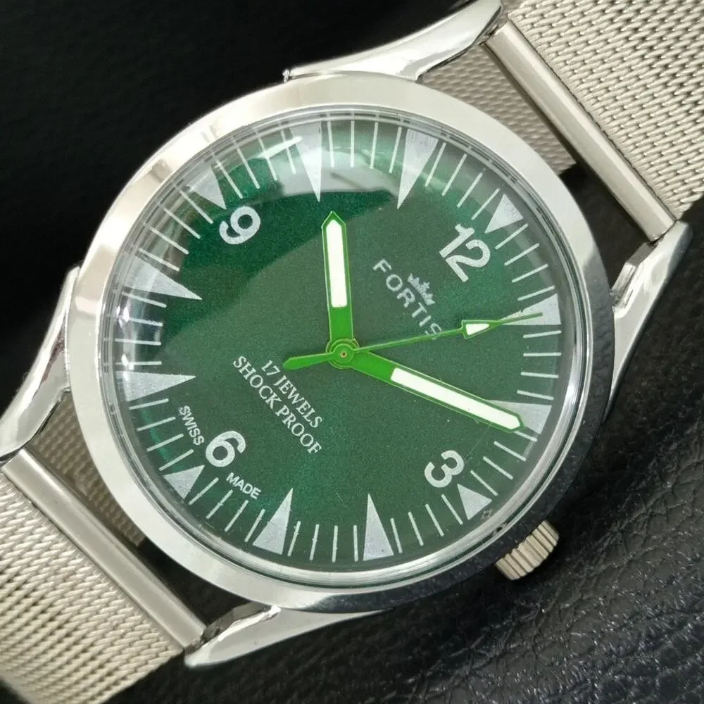 Vintage 1975 Fortis Manual Mens Silver Watch W/Steel Strap & Green accents
